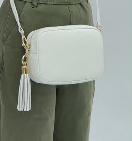 White Leather Crossbody Bag With Orange Boho Strap