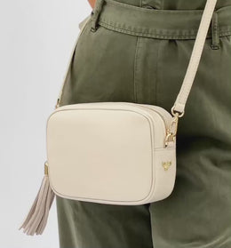 Stone Leather Crossbody Bag With Pistachio Cross-Stitch Strap