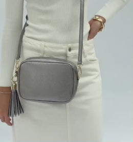 Pewter Leather Crossbody Bag With Grey Leopard Strap