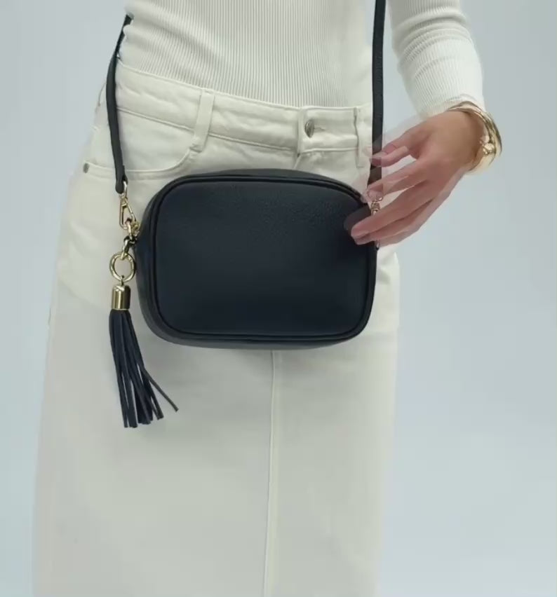 Black Leather Crossbody Bag With Olive & Black ZigZag Strap