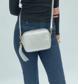 Silver Leather Crossbody Bag With Gold Chain Strap
