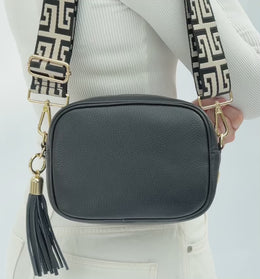 Dark Grey Leather Crossbody Bag With Tan Boho Strap