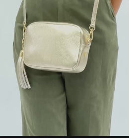 Gold Leather Crossbody Bag With Pale Pink Leopard Strap