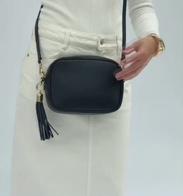 Black Leather Crossbody Bag With Port & Olive Diamond Strap