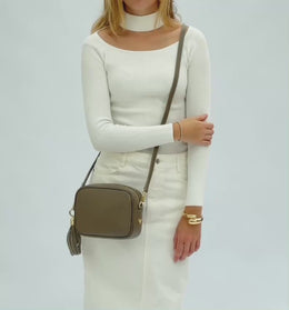 Latte Leather Crossbody Bag With Gold Chain Strap