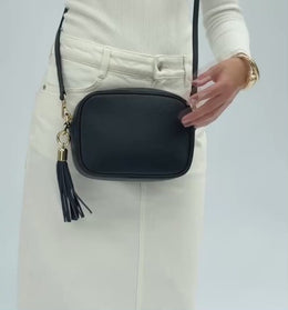 Black Leather Crossbody Bag With Orange & Gold Stripe Camo Strap