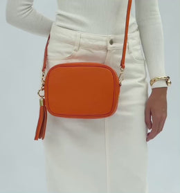 Orange Leather Crossbody Bag With Orange Boho Strap
