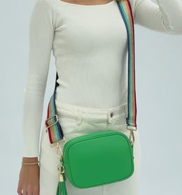 Bottega Green Leather Crossbody Bag With Green & Pink Check Strap