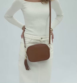 Tan Leather Crossbody Bag With Gold Chain Strap