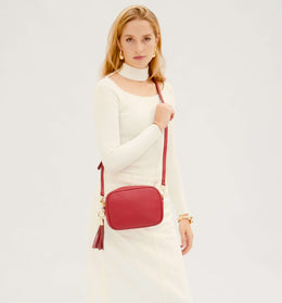 Cherry Red Leather Crossbody Bag With Rainbow Strap