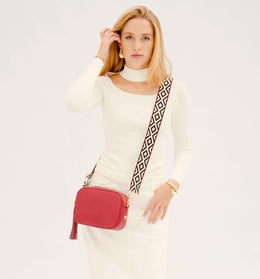 Cherry Red Leather Crossbody Bag With Black & Red Aztec Strap