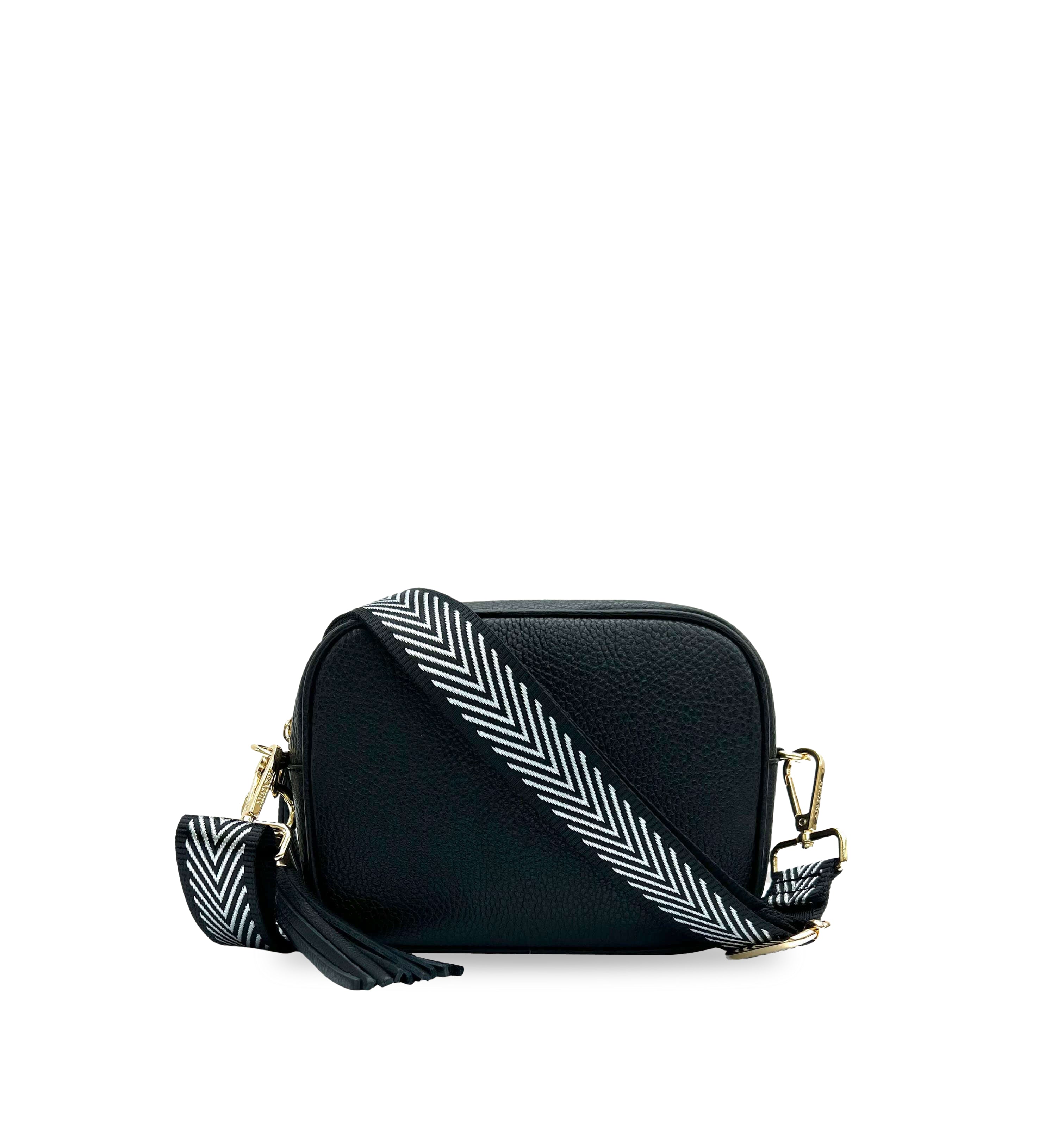 The Tassel Leather Crossbody Bag With Black & Silver Chevron Strap