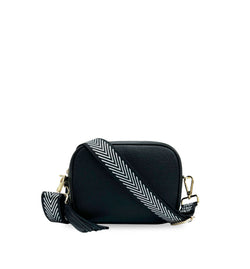 The Tassel Leather Crossbody Bag With Black & Silver Chevron Strap