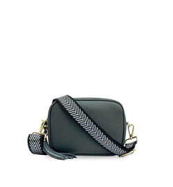 The Tassel Leather Crossbody Bag With Black & Silver Chevron Strap