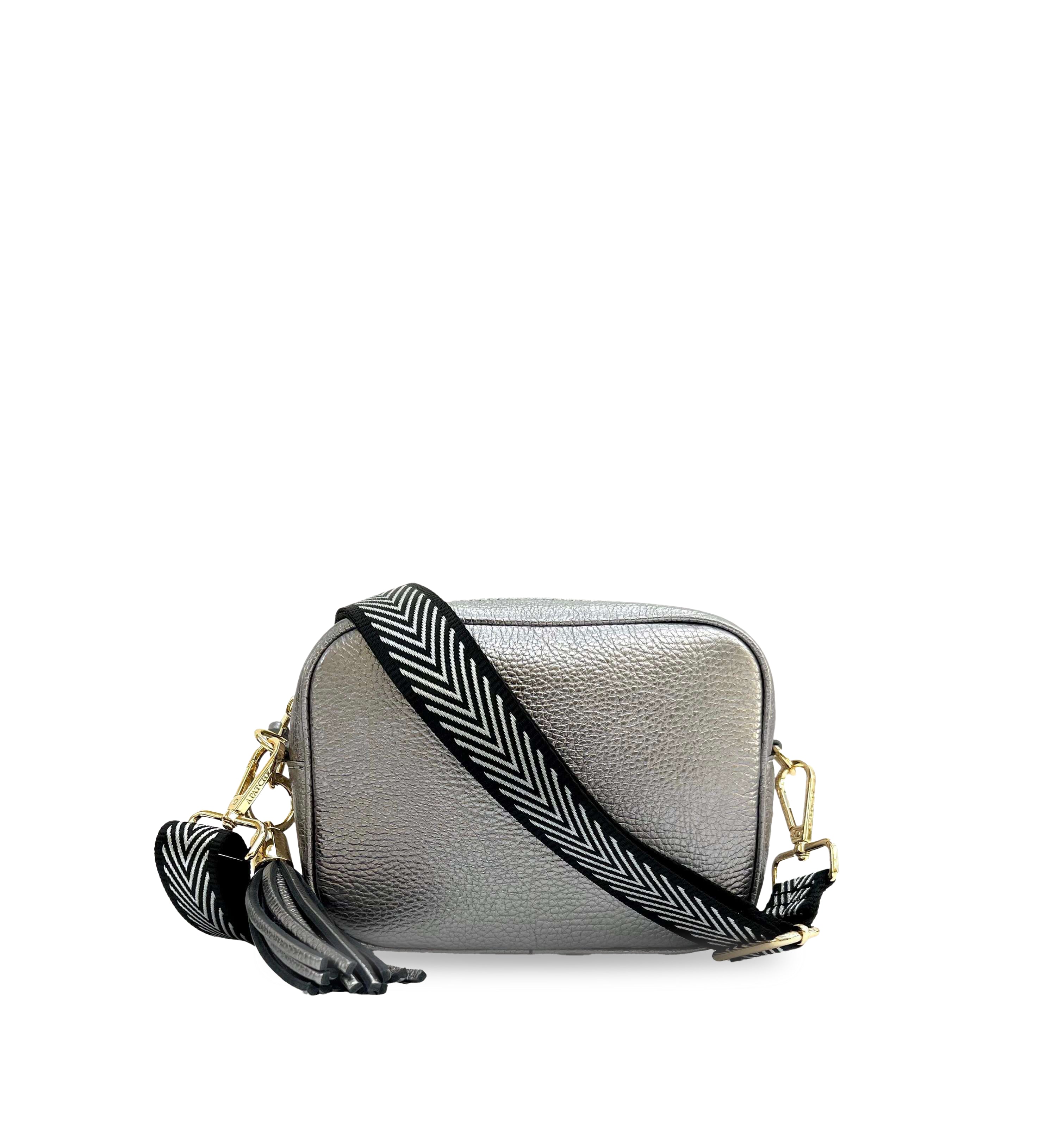 The Tassel Leather Crossbody Bag With Black & Silver Chevron Strap