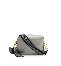 The Tassel Leather Crossbody Bag With Black & Silver Chevron Strap