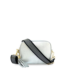 The Tassel Leather Crossbody Bag With Black & Silver Chevron Strap