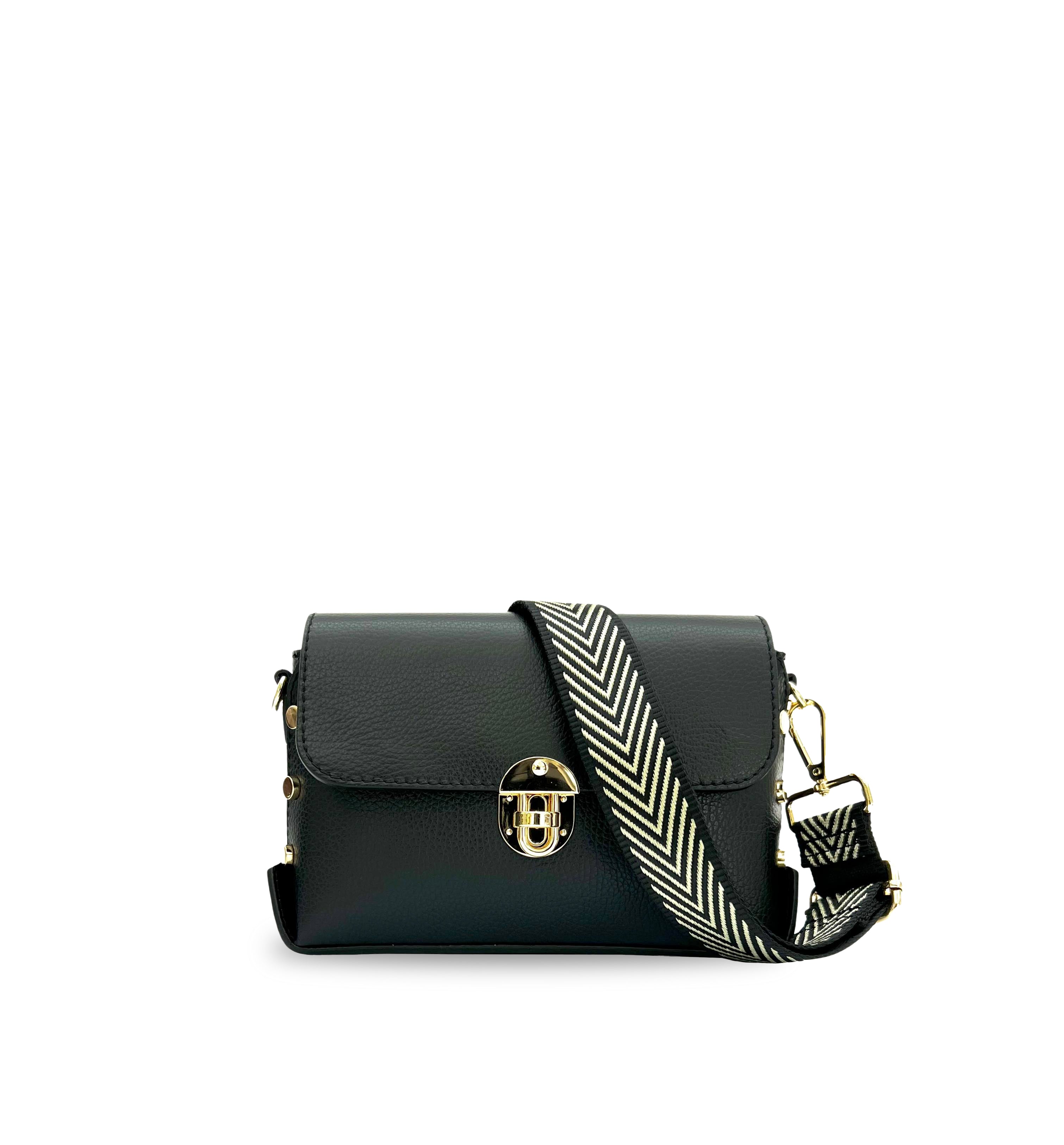 The Bloxsome Leather Crossbody Bag With Black & Gold Chevron Strap