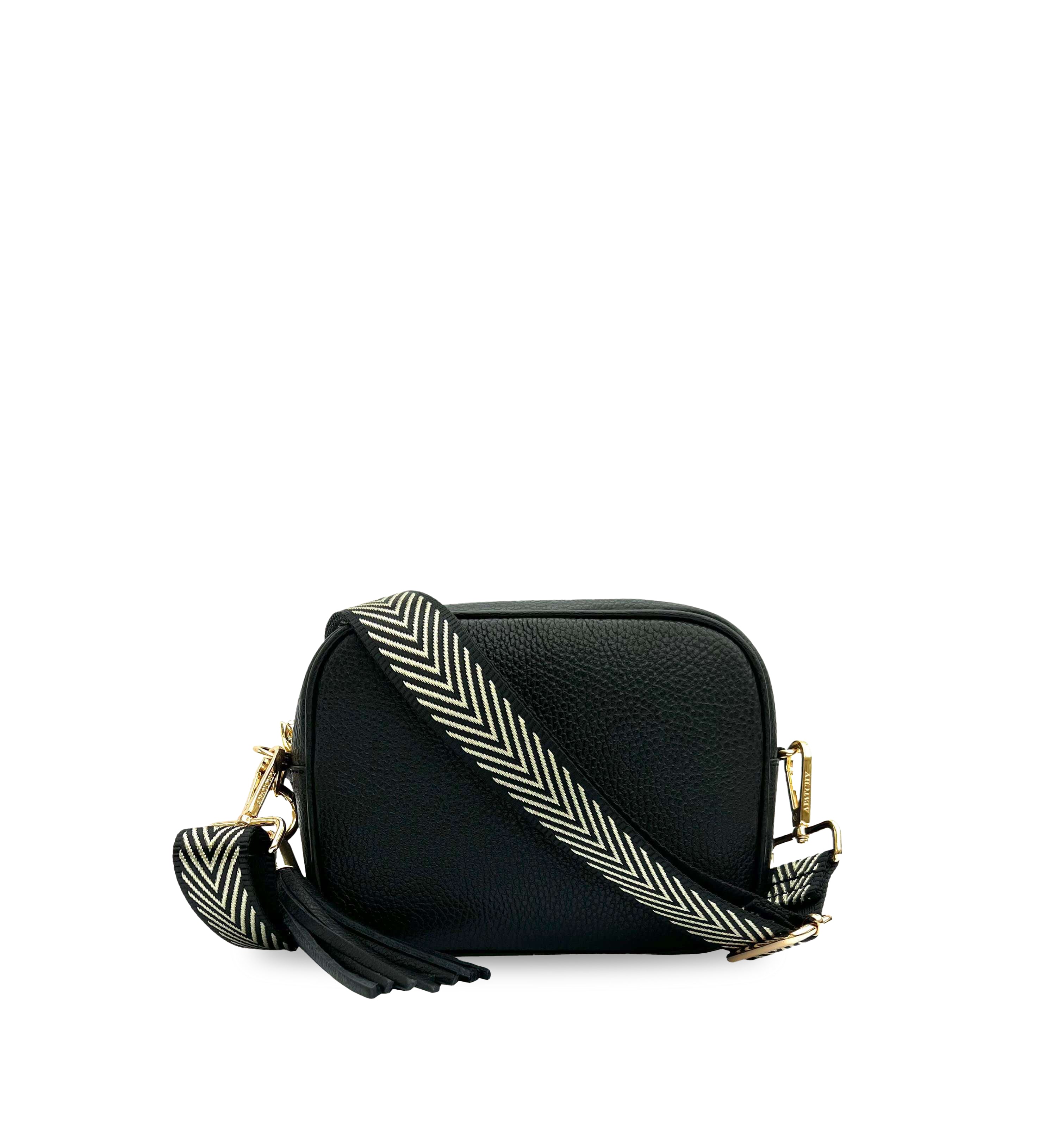 The Tassel Leather Crossbody Bag With Black & Gold Chevron Strap