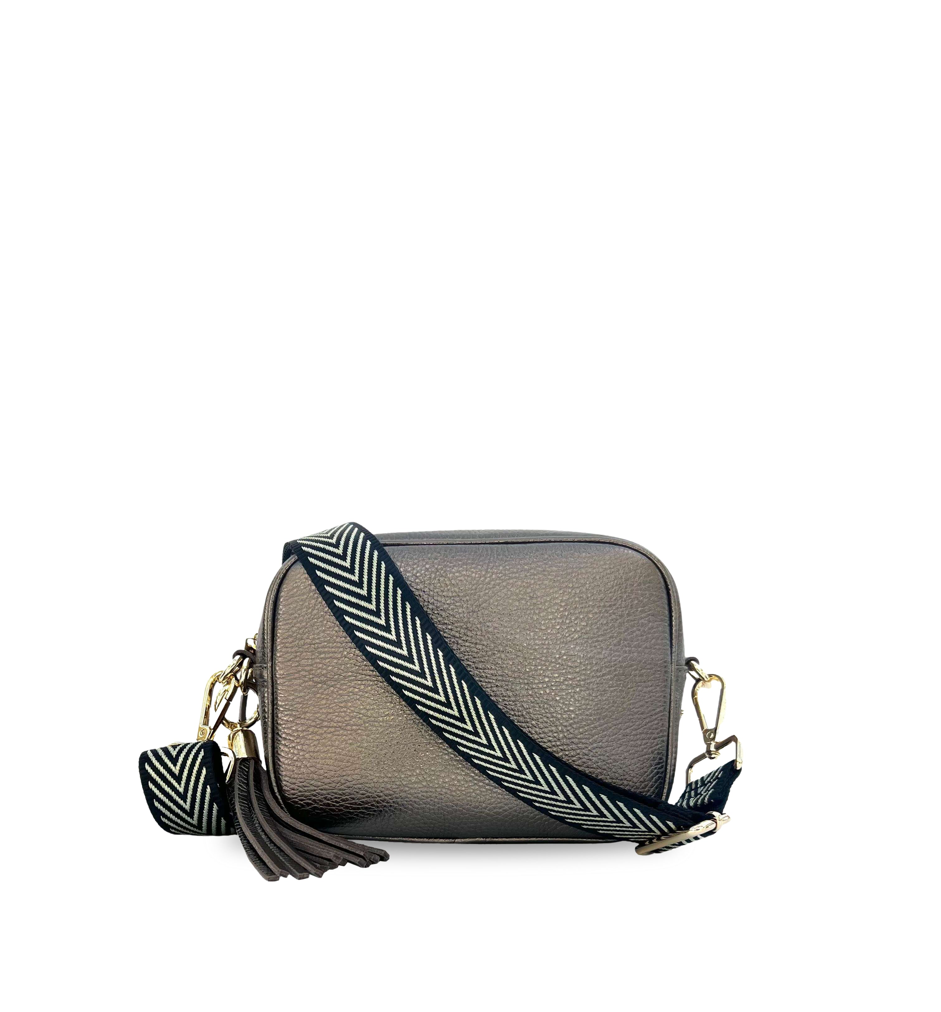 The Tassel Leather Crossbody Bag With Black & Gold Chevron Strap