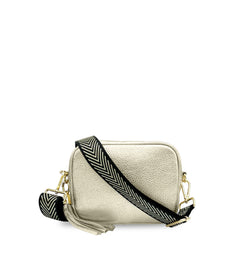 The Tassel Leather Crossbody Bag With Black & Gold Chevron Strap