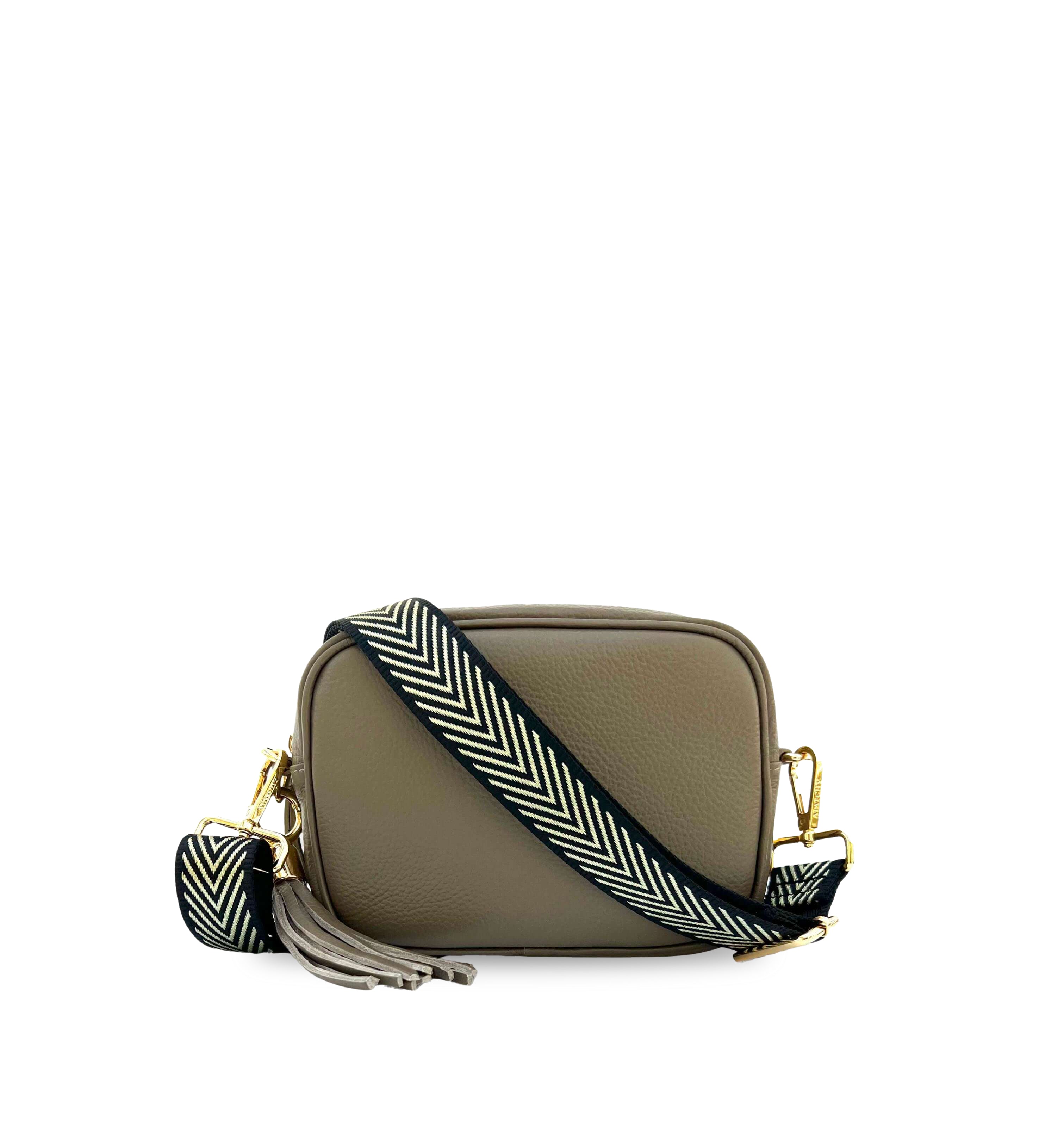 The Tassel Leather Crossbody Bag With Black & Gold Chevron Strap