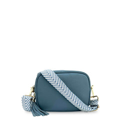 The Tassel Leather Crossbody Bag With Denim Blue Chevron Strap