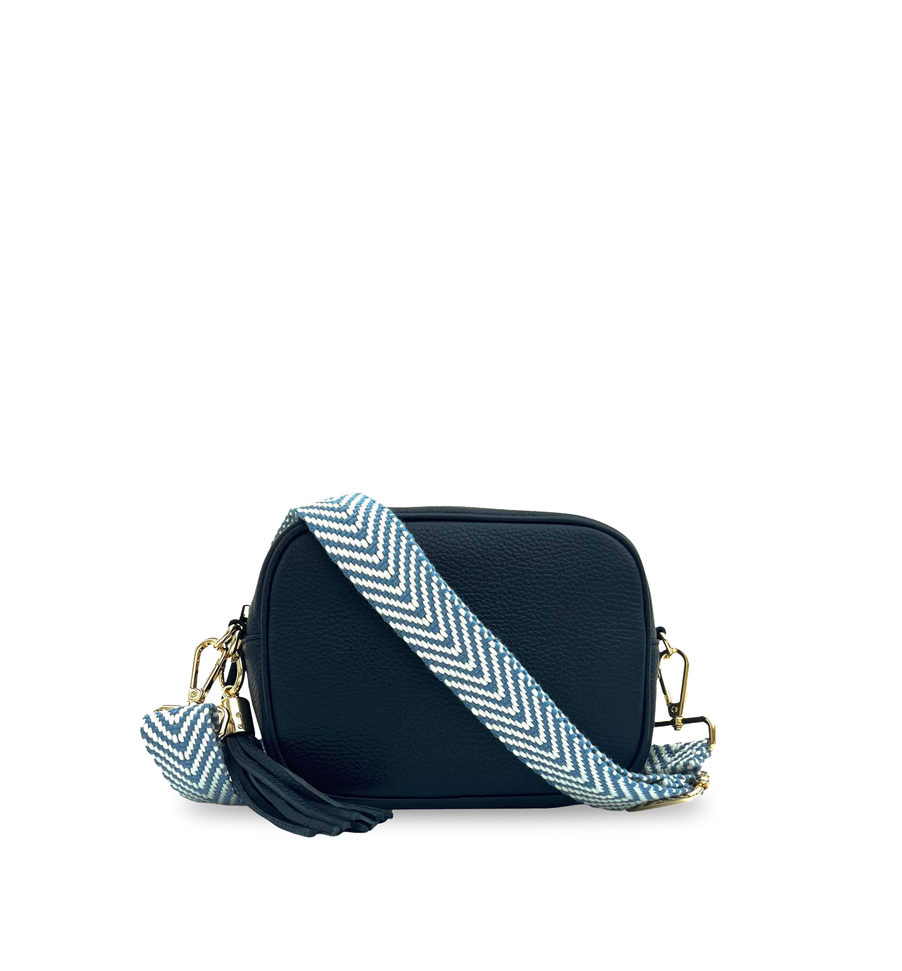 The Tassel Leather Crossbody Bag With Denim Blue Chevron Strap