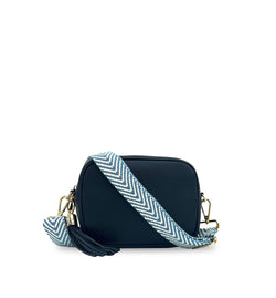 The Tassel Leather Crossbody Bag With Denim Blue Chevron Strap