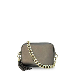 The Tassel Leather Crossbody Bag With Gold Chain Strap