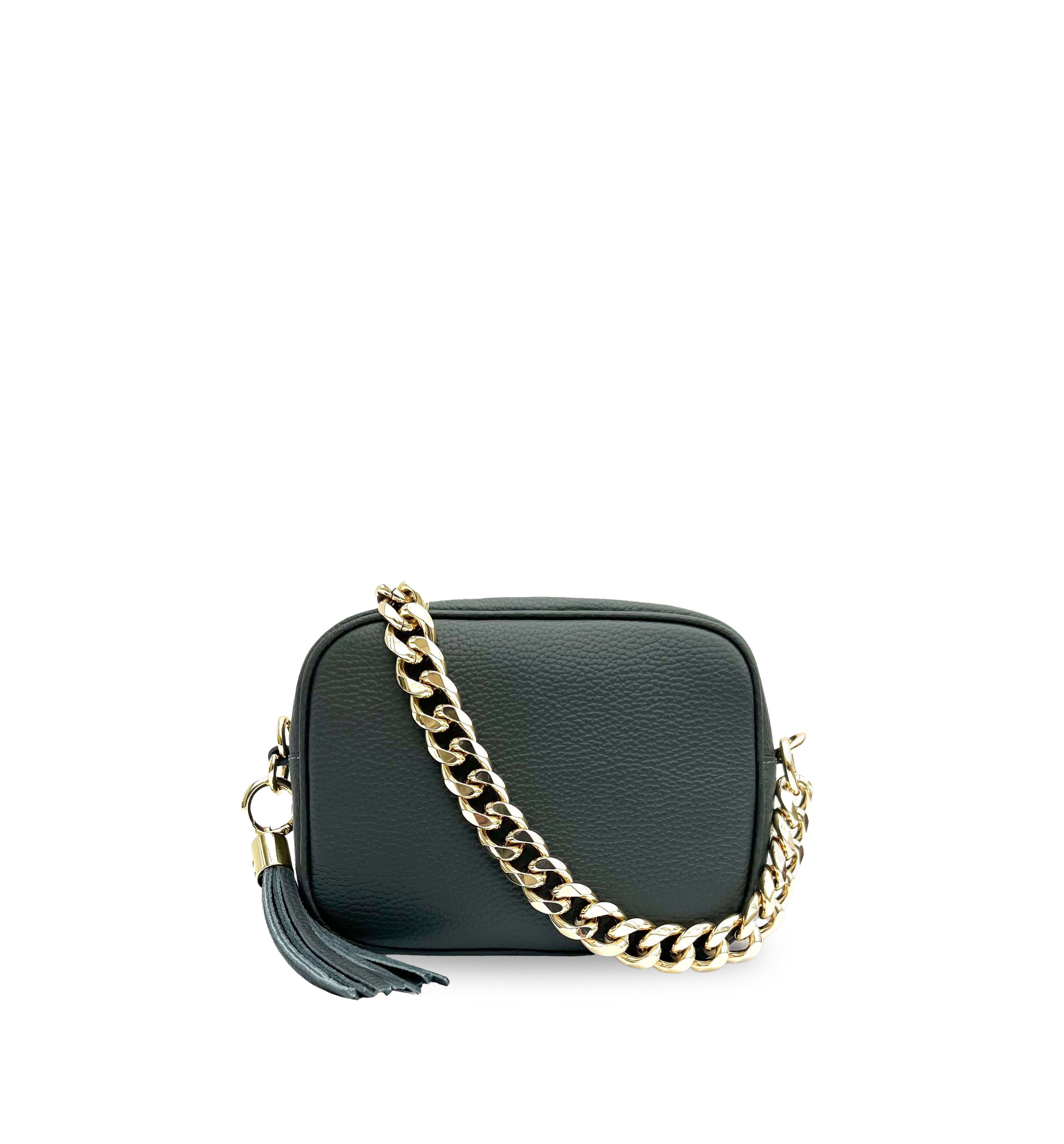 The Tassel Leather Crossbody Bag With Gold Chain Strap