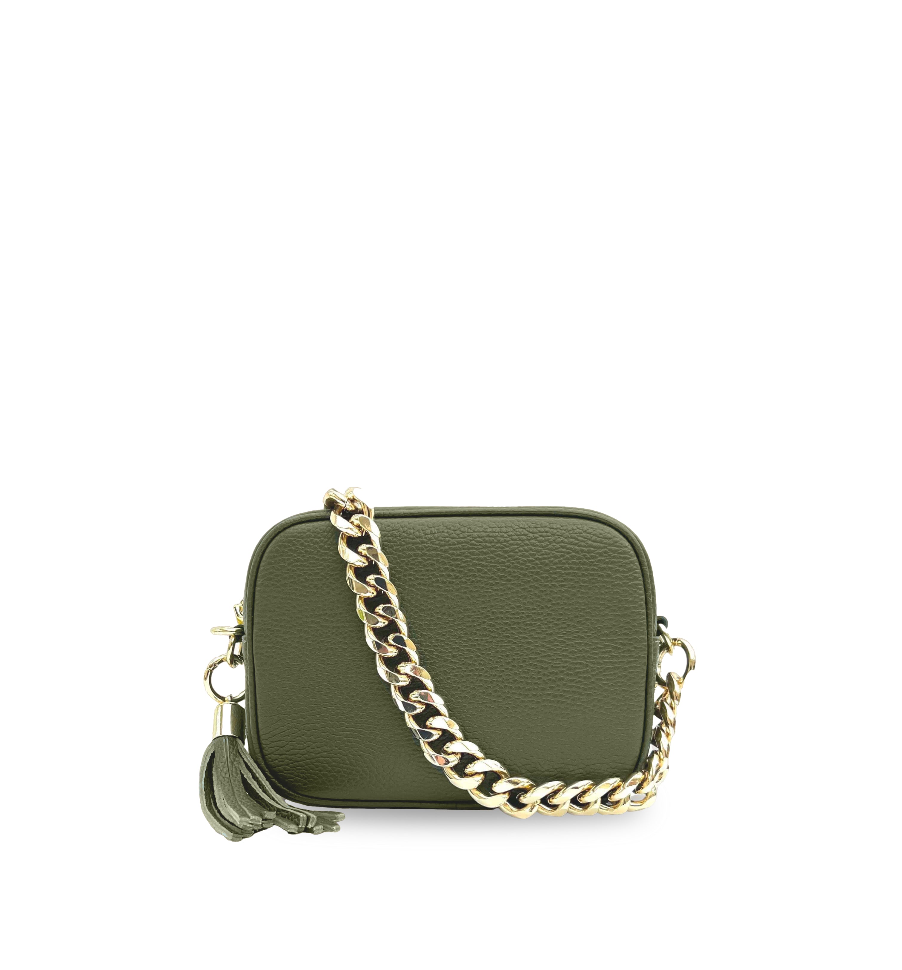 The Tassel Leather Crossbody Bag With Gold Chain Strap