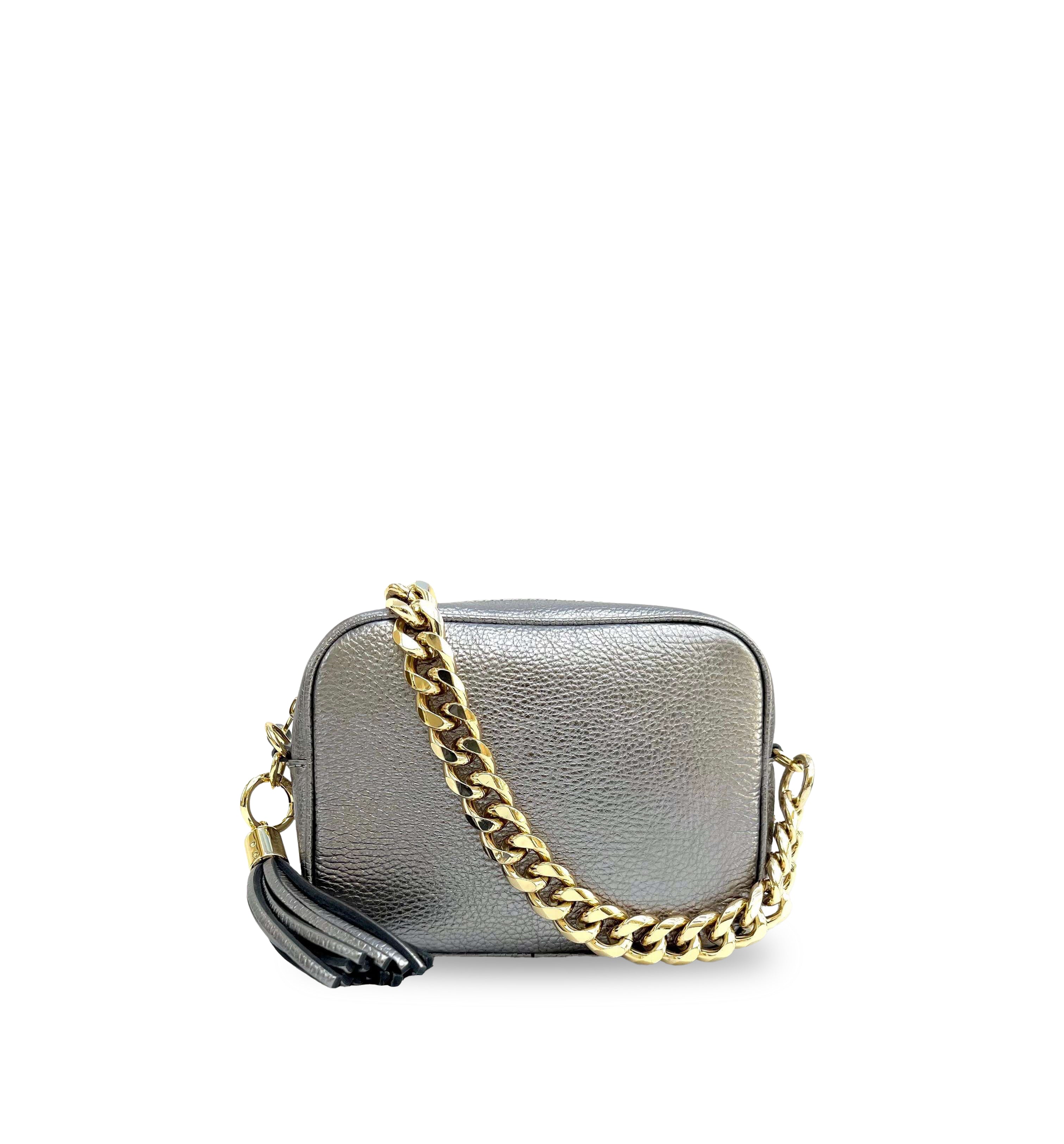 The Tassel Leather Crossbody Bag With Gold Chain Strap