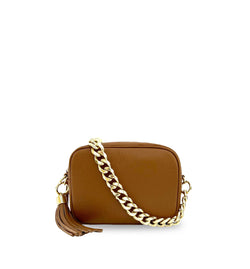 The Tassel Leather Crossbody Bag With Gold Chain Strap