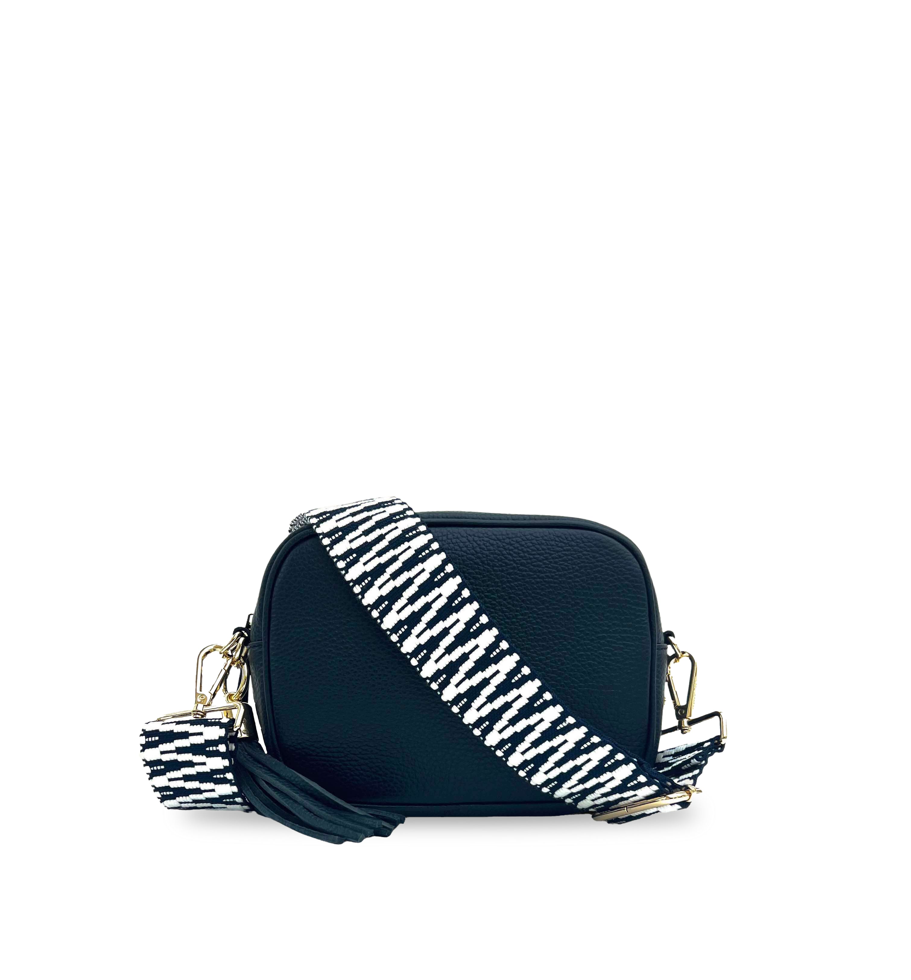 The Tassel Leather Crossbody Bag With Navy & White ZigZag Strap