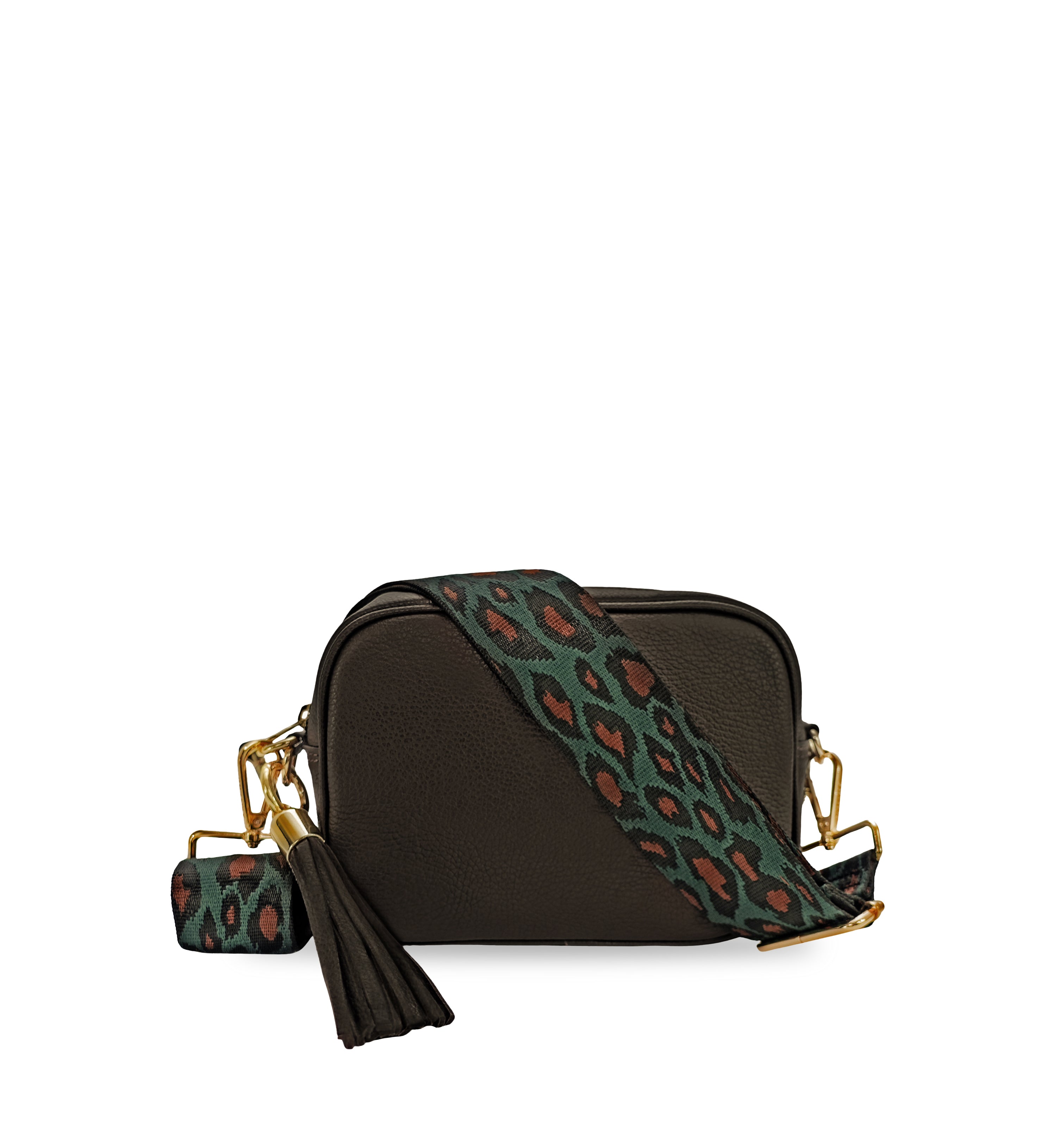The Tassel Leather Crossbody Bag With Teal Cheetah Strap