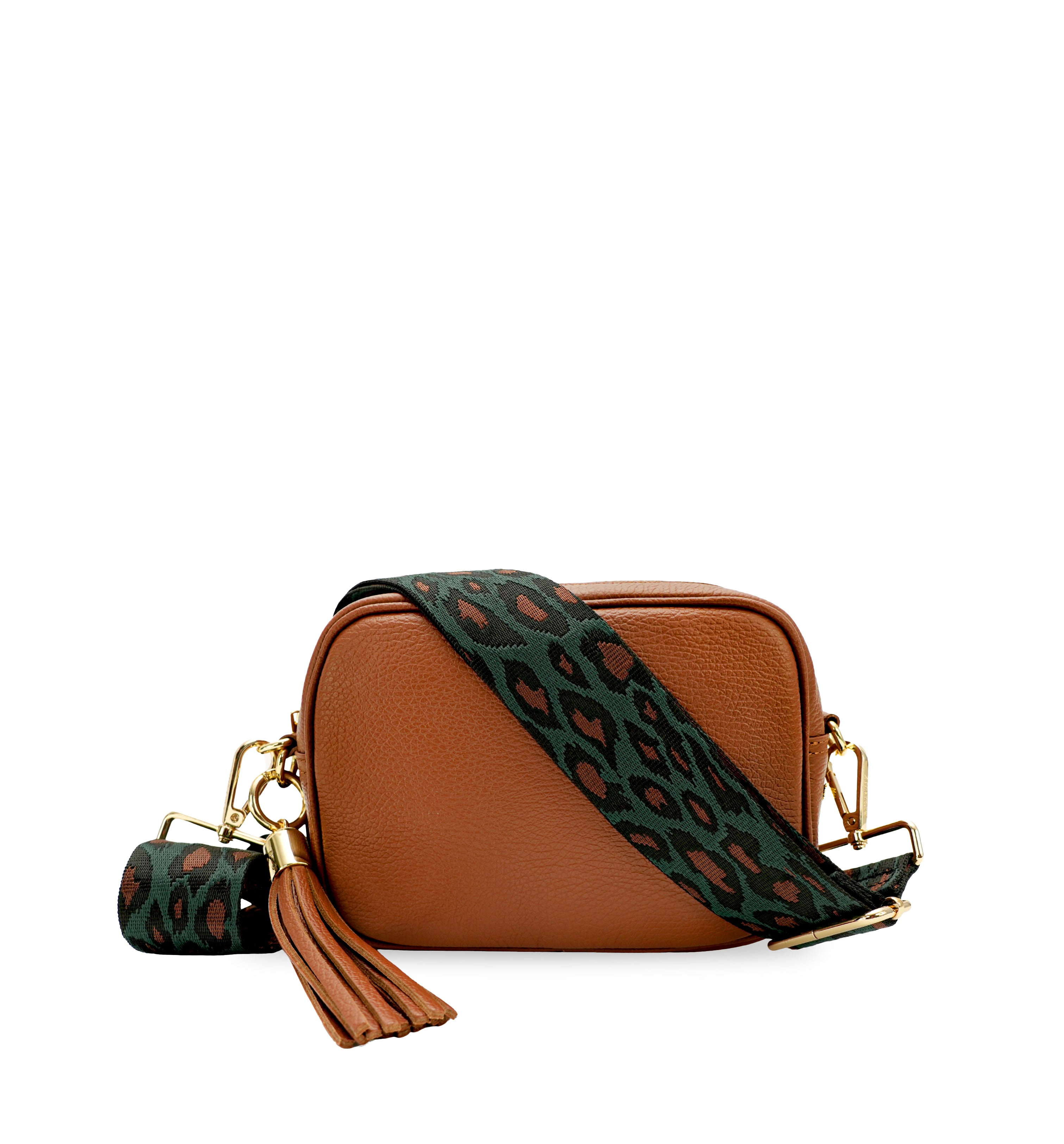 The Tassel Tan Leather Crossbody Bag With Teal Cheetah Strap