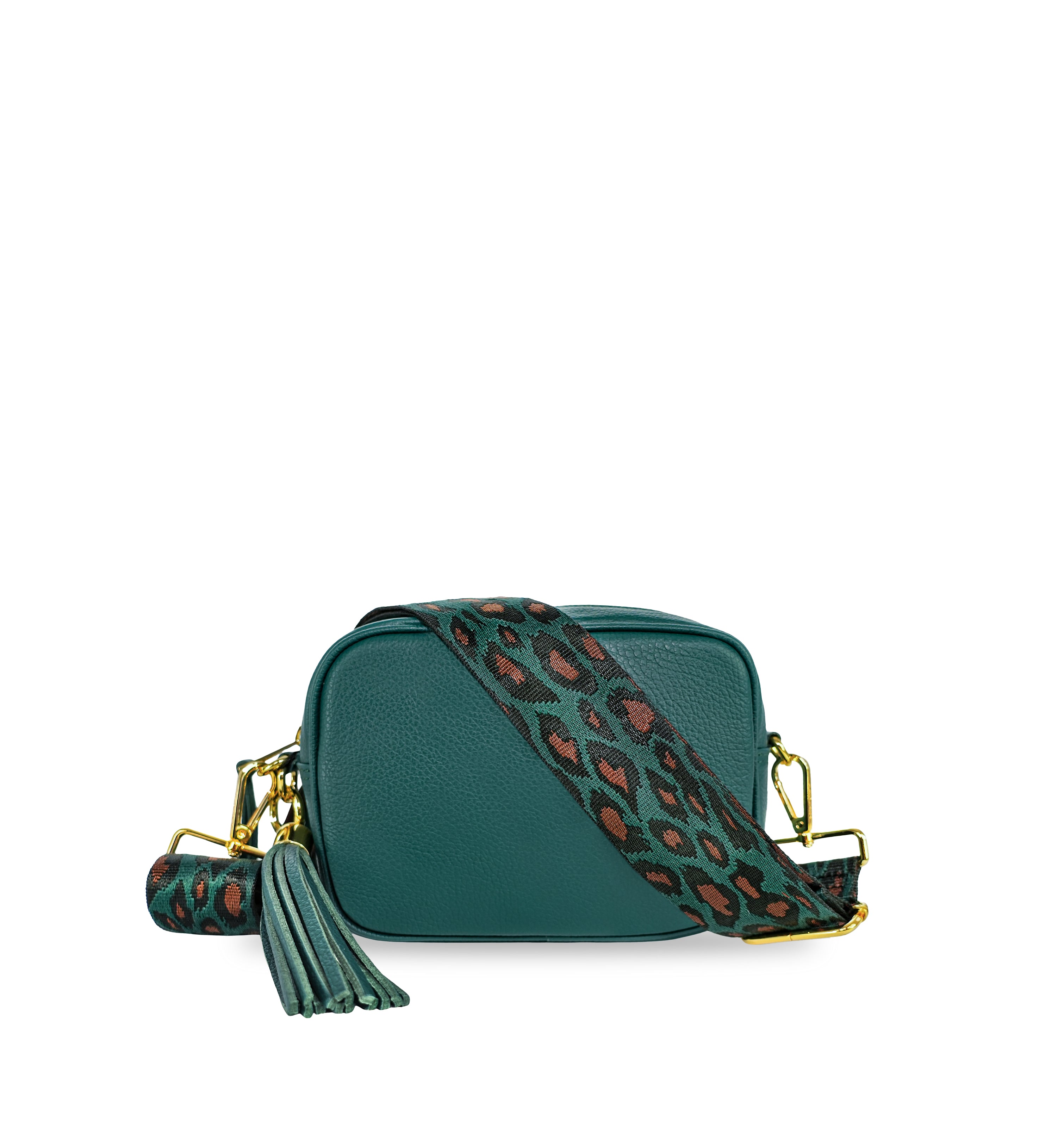 The Tassel Leather Crossbody Bag With Teal Cheetah Strap