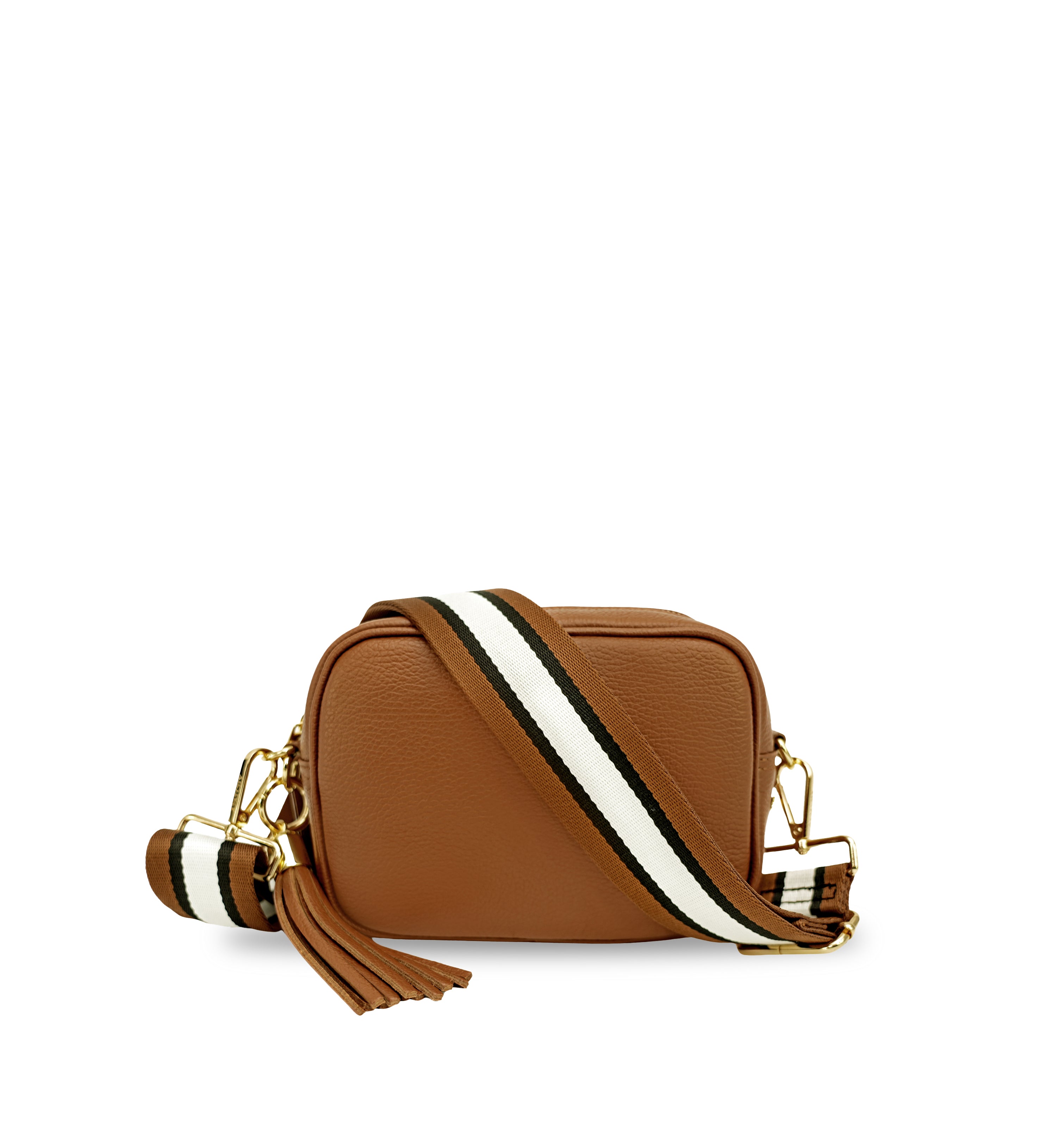 The Tassel Leather Crossbody Bag With Tan Stripe Strap