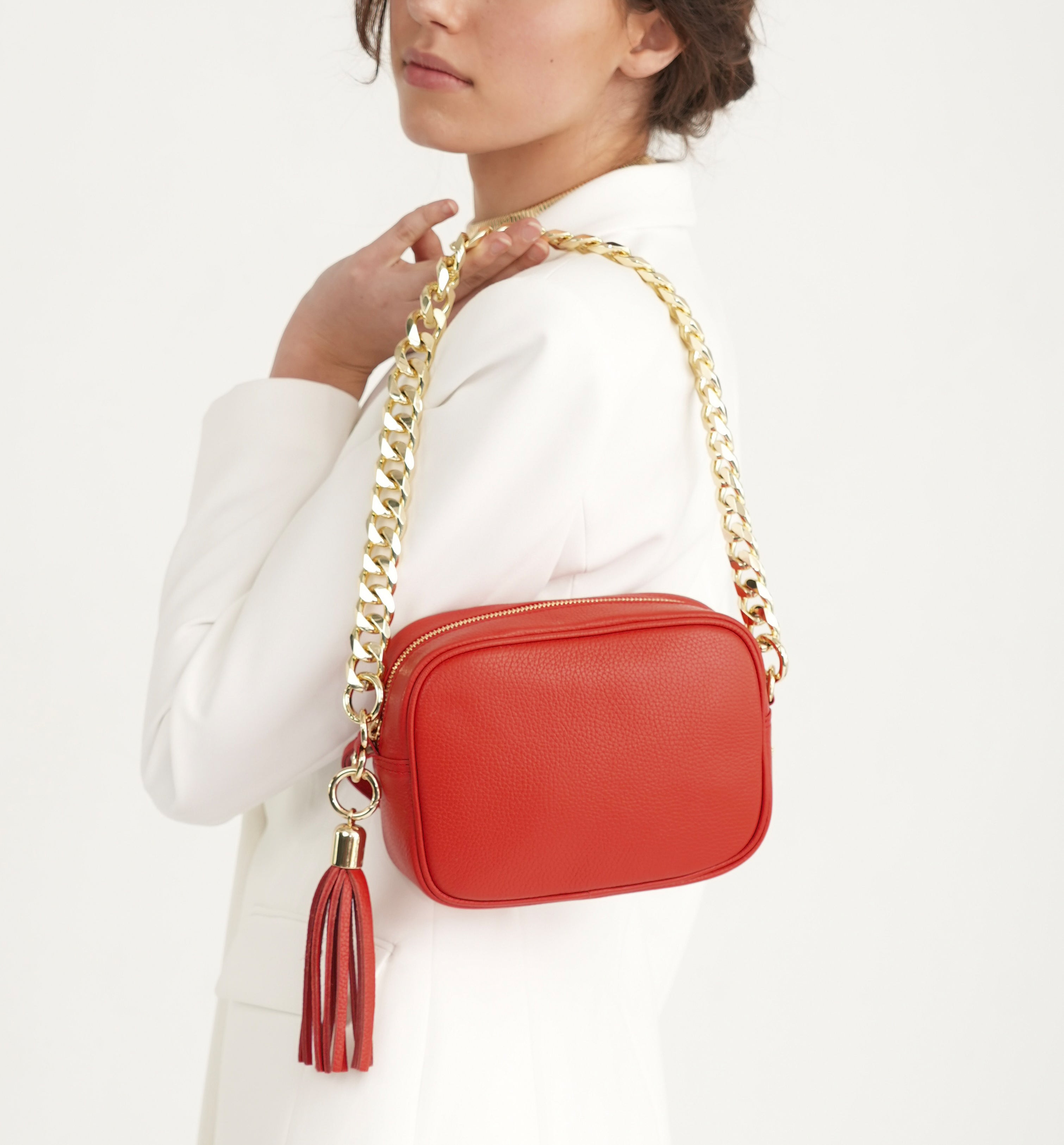 The Tassel Leather Crossbody Bag With Gold Chain Strap