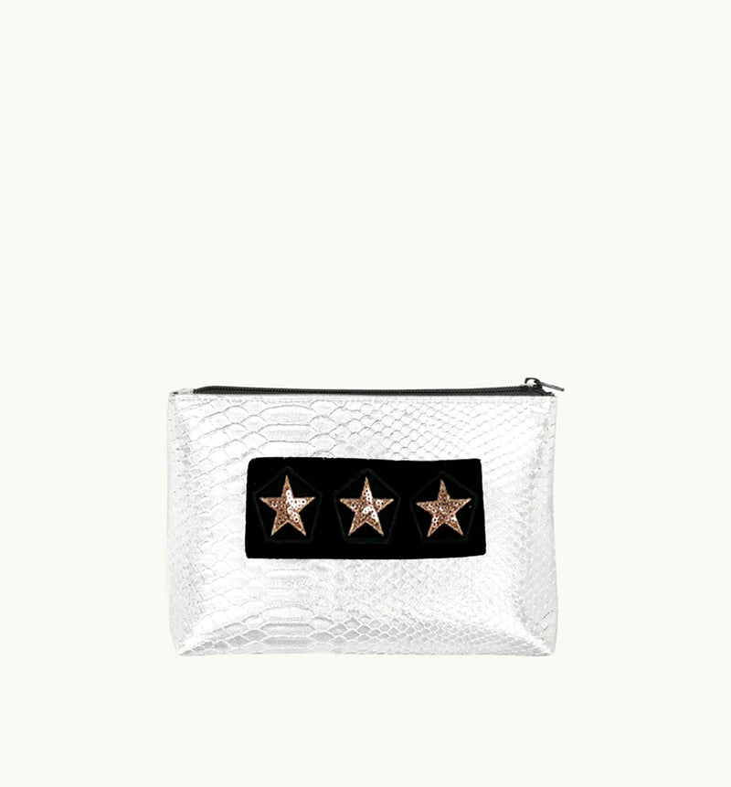 Silver Snakeskin Makeup Bag - Gold Stars