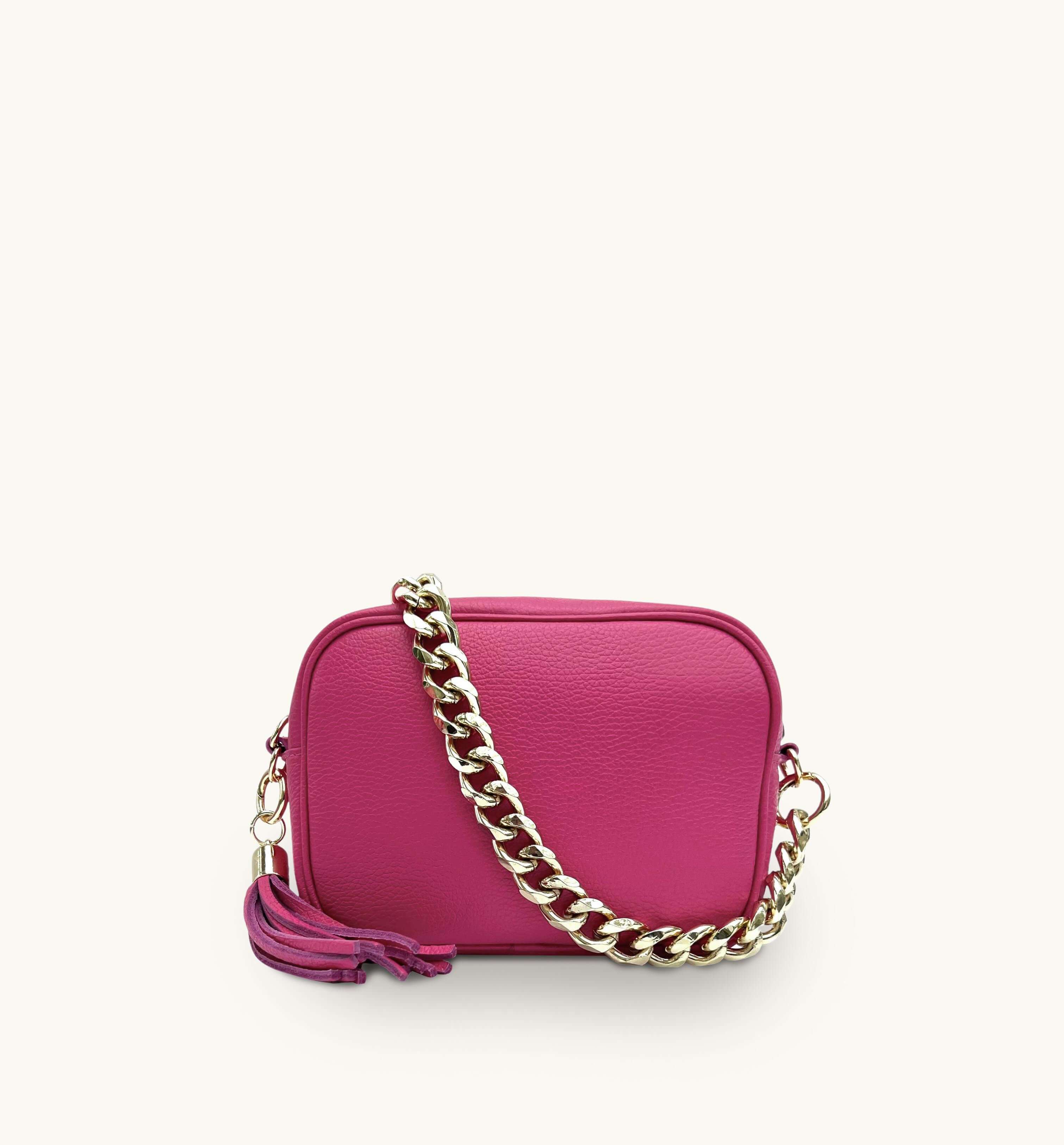 Barbie Pink Leather Crossbody Bag With Gold Chain Strap – Apatchy London