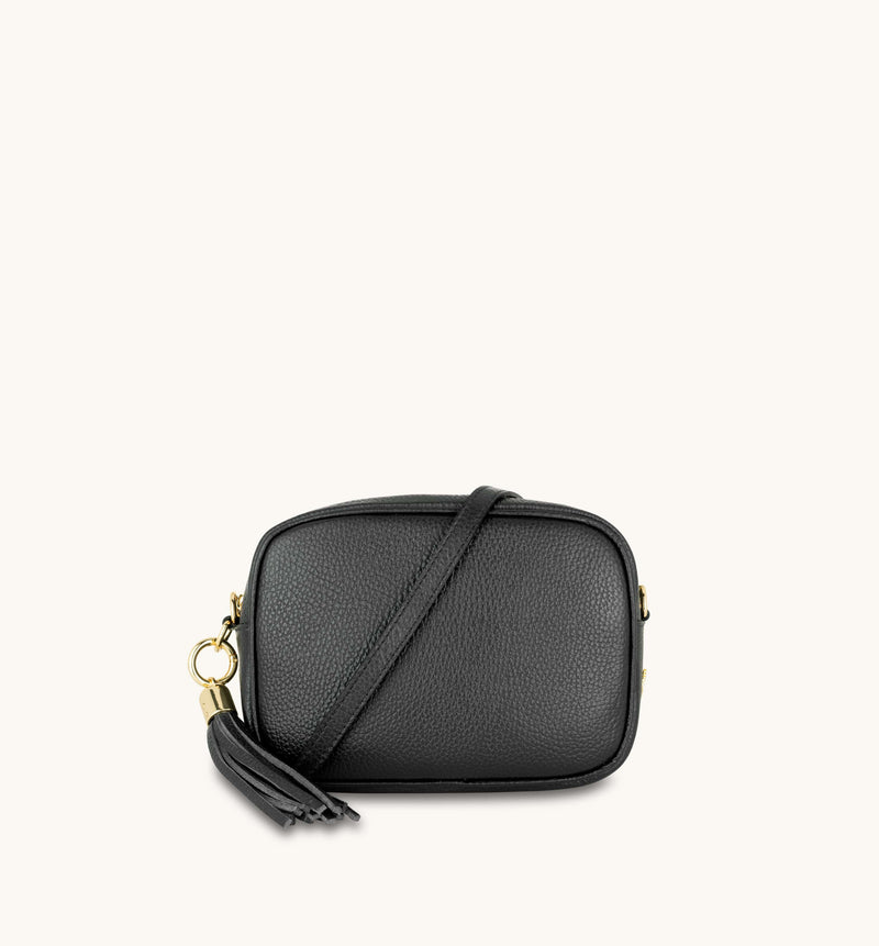 Black Leather Crossbody Bag With Black & Stone Maze Strap
