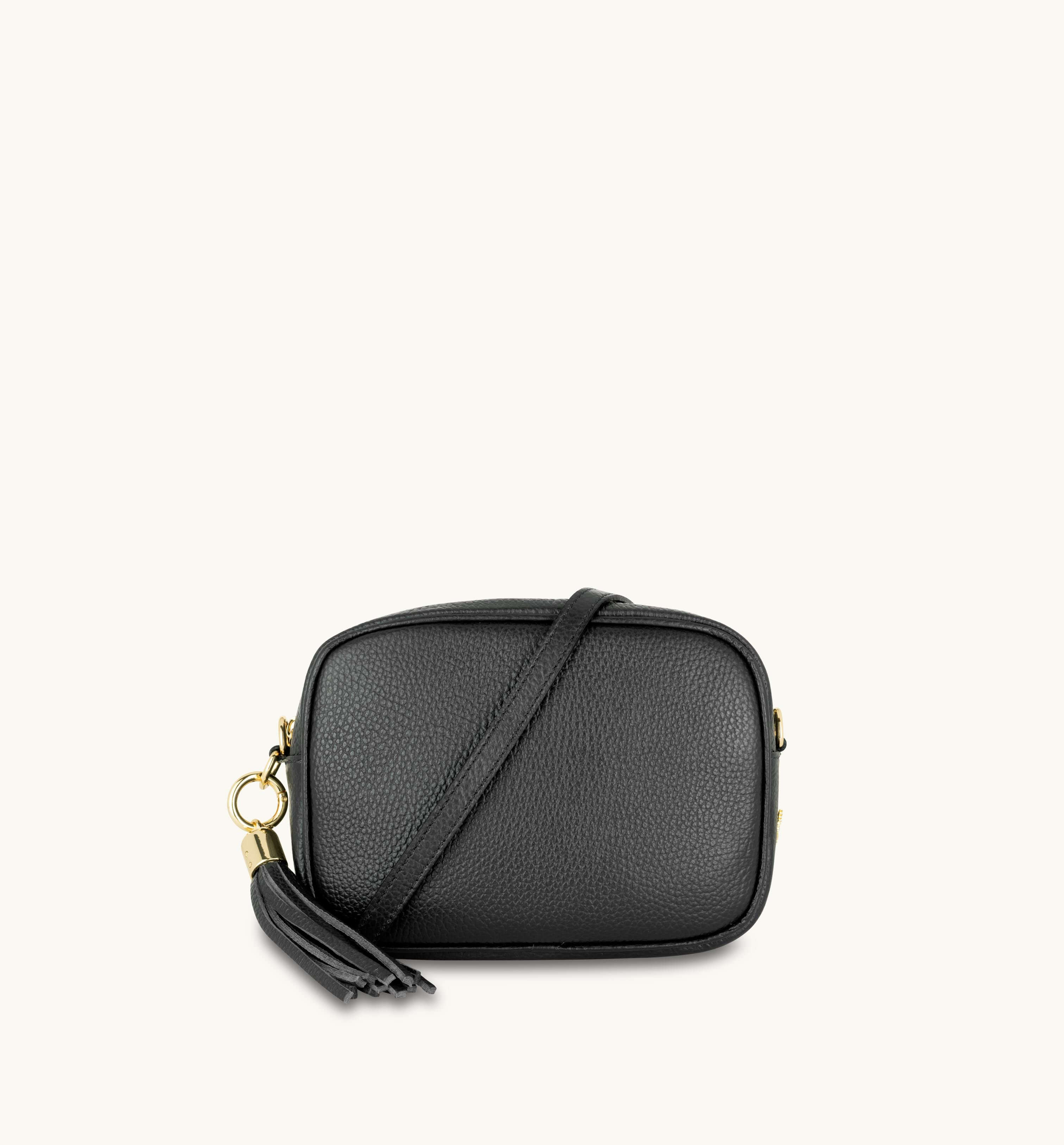 The Tassel Black Leather Crossbody Bag With Orange & Gold Stripe Camo Strap