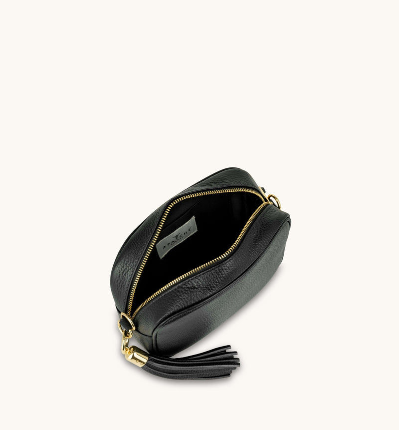 Black Leather Crossbody Bag With Orange, Tan & Black Stripe Strap