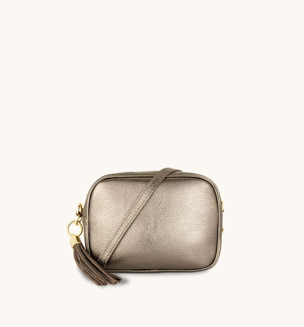 Bronze Leather Crossbody Bag With Gold Chain Strap