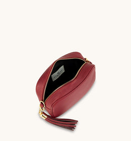 Cherry Red Leather Crossbody Bag With Pink & Orange Triangle Strap