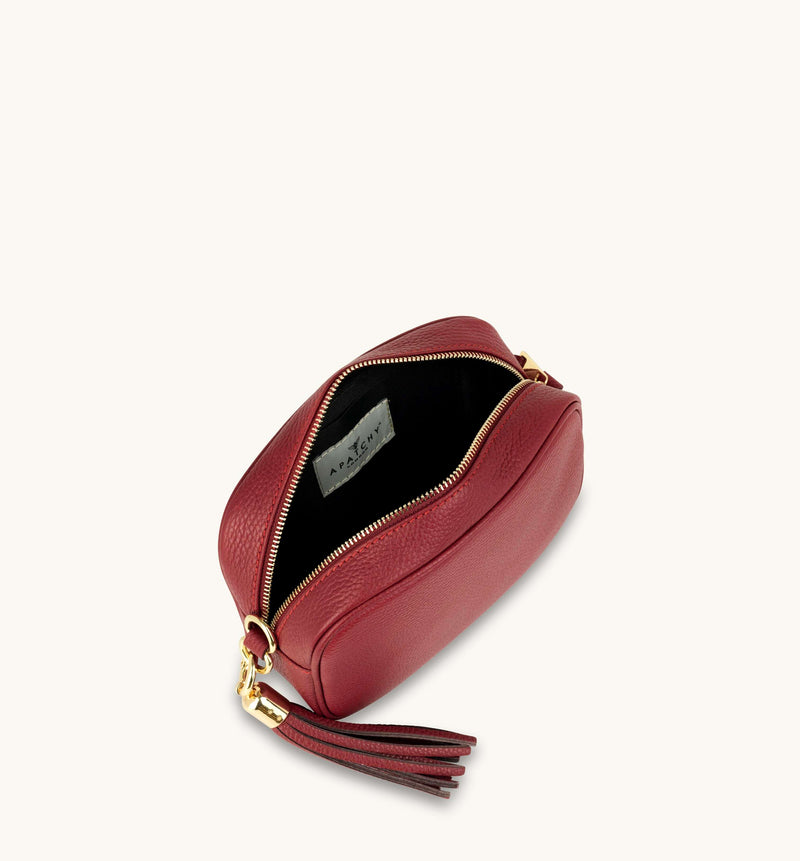 Cherry Red Leather Crossbody Bag With Rainbow Strap