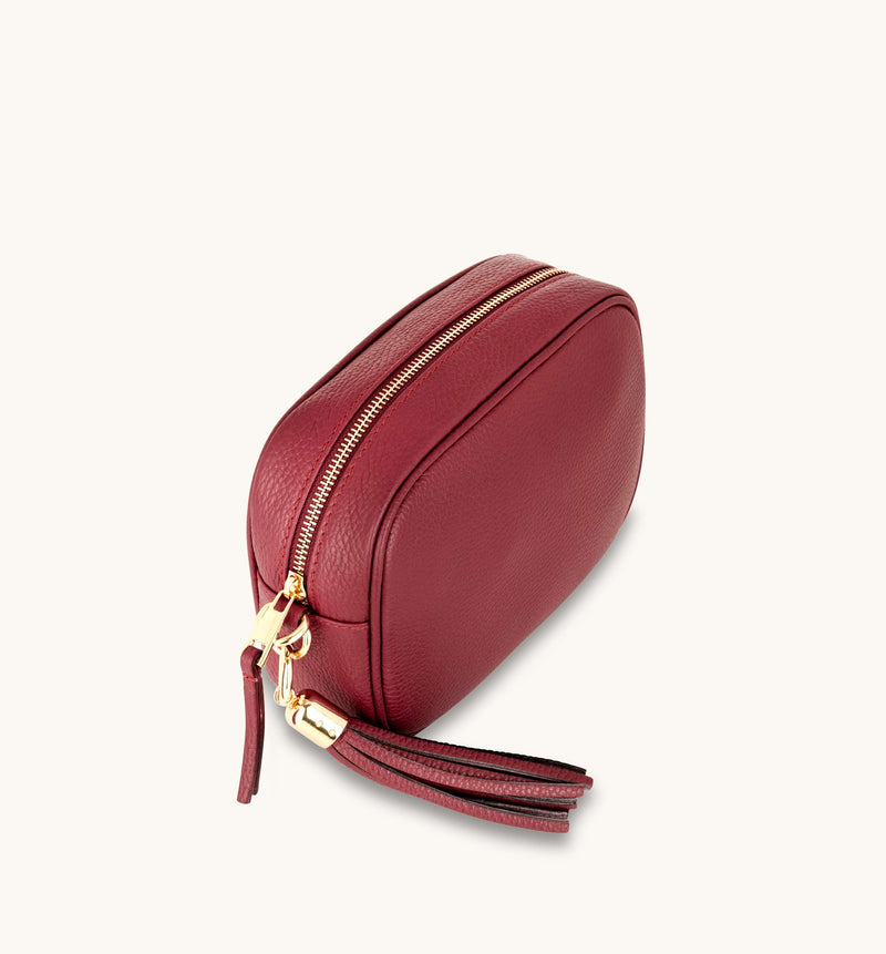 Cherry Red Leather Crossbody Bag With Red Cross-Stitch Strap