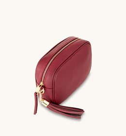 Cherry Red Leather Crossbody Bag With Gold Chain Strap